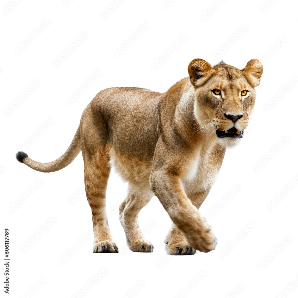 A majestic lion walking on a black background, isolated and transparent. Generative AI
