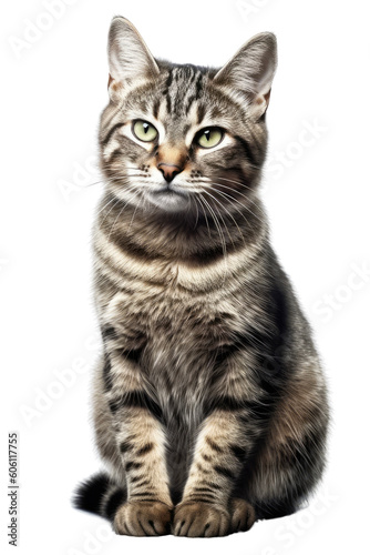 A sitting cat with mesmerizing green eyes, isolated on a transparent background. Generative AI © byarnoldus