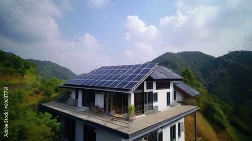 eco-friendly house with solar panels on the roof surrounded by green nature. Generative AI © Natee Meepian
