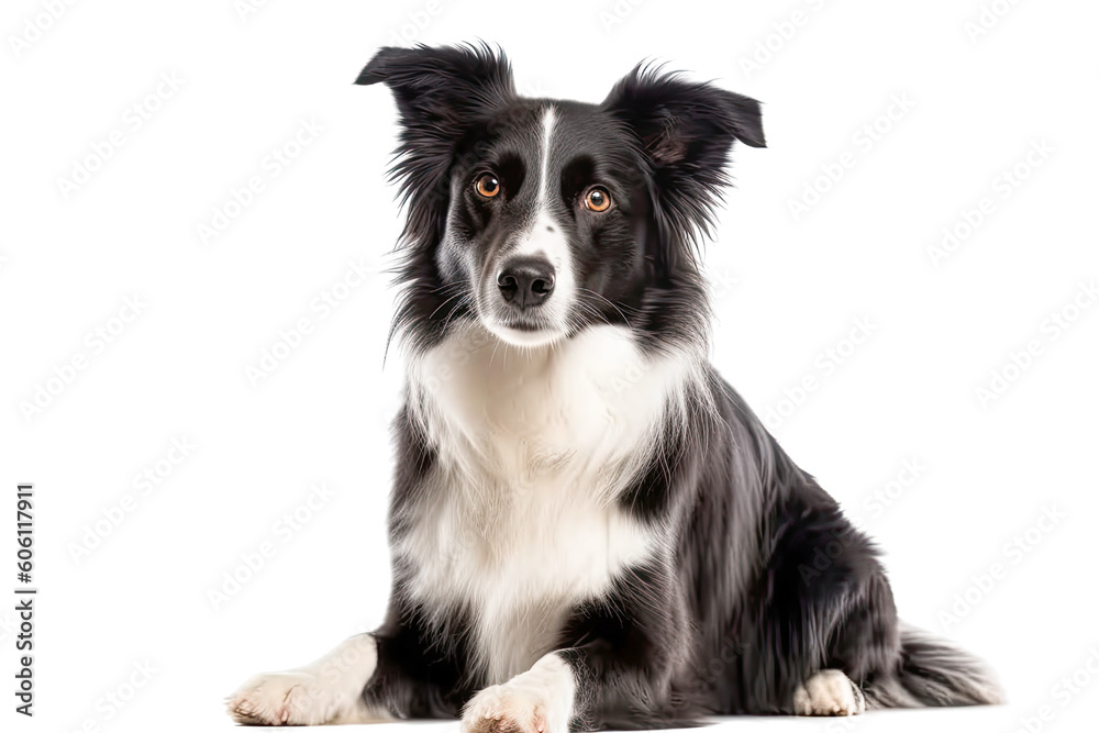 A sitting black and white dog on a transparent background. Generative AI