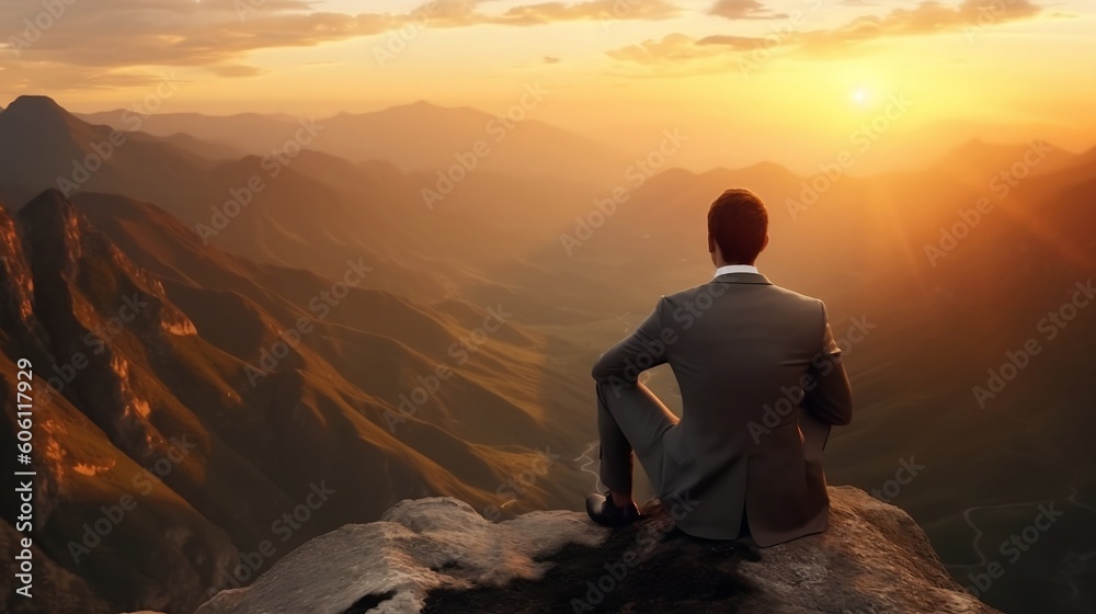 Obraz premium Businessman dressed in a stylish suit sitting atop a mountain. Generative AI 