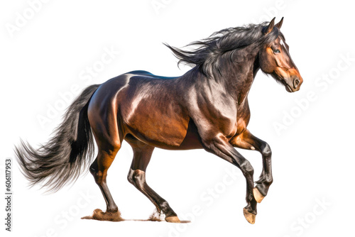 A brown horse galloping on its hind legs  isolated on a transparent background. Generative AI