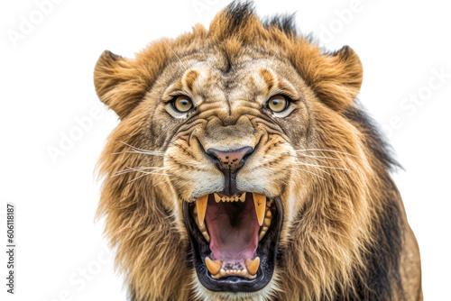 A roaring lion with its mouth open  isolated on a transparent background. Generative AI