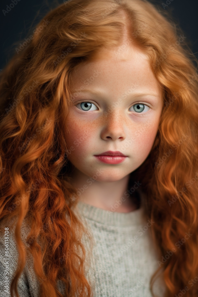 Naklejka premium Beautiful redhead young girl with curly hairs - generative AI, AI generated