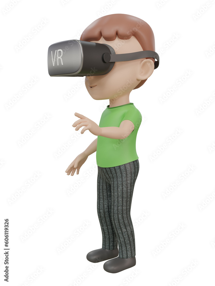 3D rendered image of a cartoon boy wearing Virtual reality headset in different angles 3D rendered image of a cartoon boy wearing Virtual reality headset in different angles