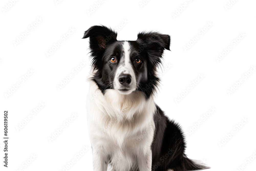 A seated black and white dog on a transparent background. Generative AI