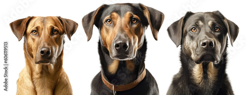 Three dogs sitting together on a transparent background. Generative AI