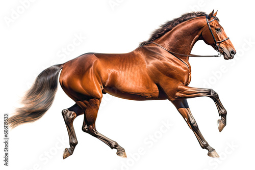 A brown horse galloping on a black background with transparency. Generative AI