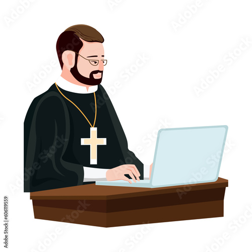 A priest sits at his laptop computer. A saint in a black cassock communicates online. Work online.