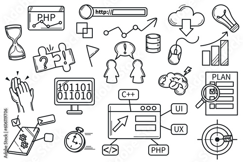 Hackathon doodle set. Hand drawn icons collection of programming, brainstorm and generation ideas, development, timing and teamwork, goal and strategy plan. Develop software vector line art.