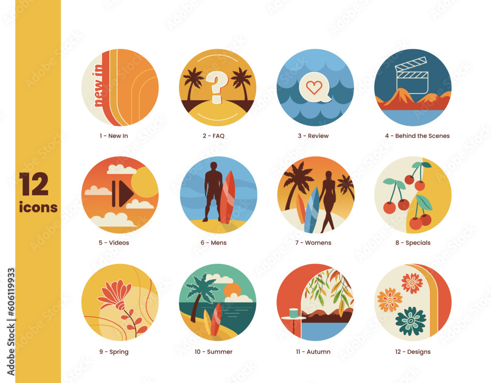 Fototapeta premium Highlight icons for travel blog. Tropical bright colors. Included the icons - FAQ, behind the scenes, videos, client reviews, new in, man, women. Vibrant collection for social media store account
