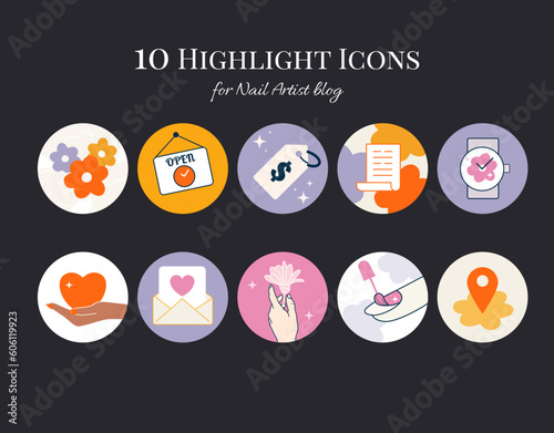 Highlight icons for nail artist blog. Nail polish salon icon set. Included the icons - finger, hand, open hours, client reviews, location, nail art, prices. Elegant collection for manicure master