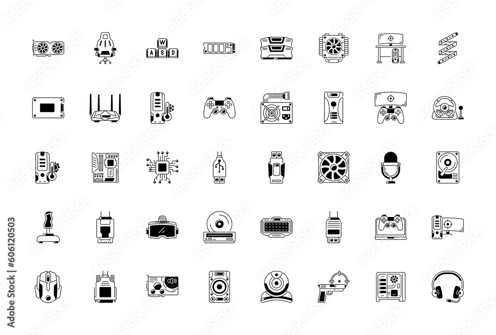 Simple Set of Gaming PC Vector Icons. Contains such Icons as Case, Graphic Card , SSD, Computer, Motherboard and more. Simple Set of Gaming PC Vector Icons. Contains such Icons as Case, Graphic Card , SSD, Computer, Motherboard and more.