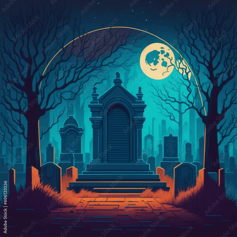 halloween night scene cemetery with moon