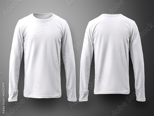 Blank long sleve shirt mock up template, front and back view, isolated on white, plain white t-shirt mockup. Long sleeved tee design presentation for print. Generative AI