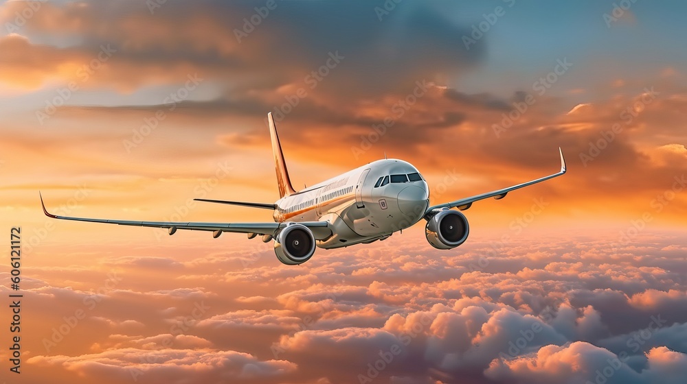 commercial airplane jetliner flying above dramatic clouds in beautiful sunset light. travel concept. generative ai - obrazy, fototapety, plakaty 
