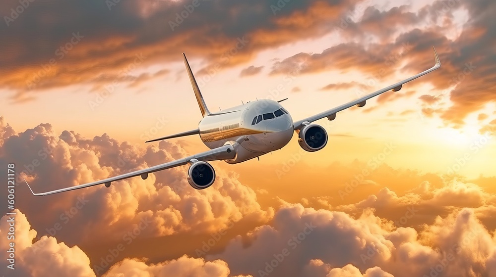 Obraz premium commercial airplane jetliner flying above dramatic clouds in beautiful sunset light. travel concept. generative ai
