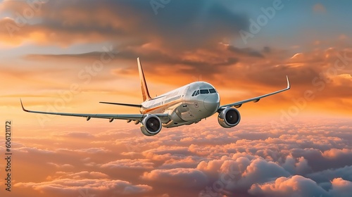 commercial airplane jetliner flying above dramatic clouds in beautiful sunset light. travel concept. generative ai