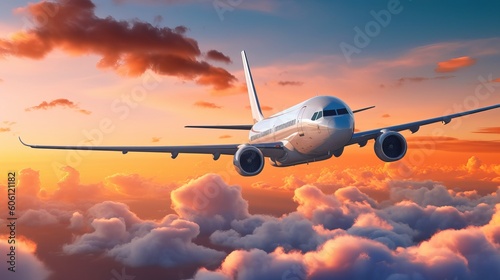 commercial airplane jetliner flying above dramatic clouds in beautiful sunset light. travel concept. generative ai