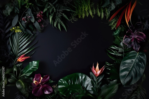 Beautiful black background with flowers and copy space. Empty space for text. Frame  dark backdrop. Generative AI.