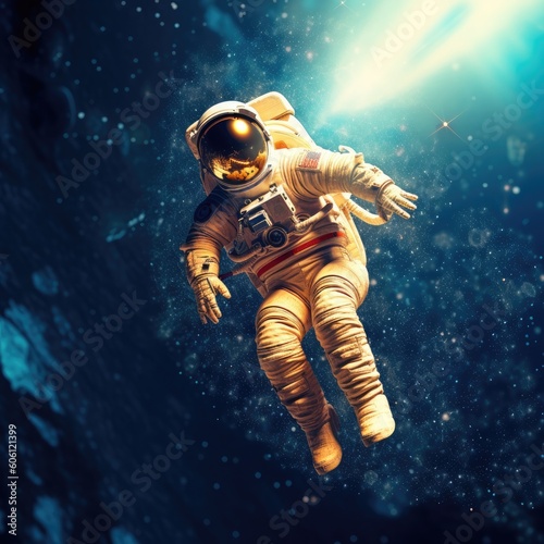 an Astronaut floating through space, feeling weightless, moon background, Spaced -themed, photorealistic illustrations in a JPG. generative ai © Purple Penguin GFX