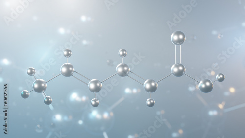 sorbic acid molecular structure, 3d model molecule, food preservative e200, structural chemical formula view from a microscope