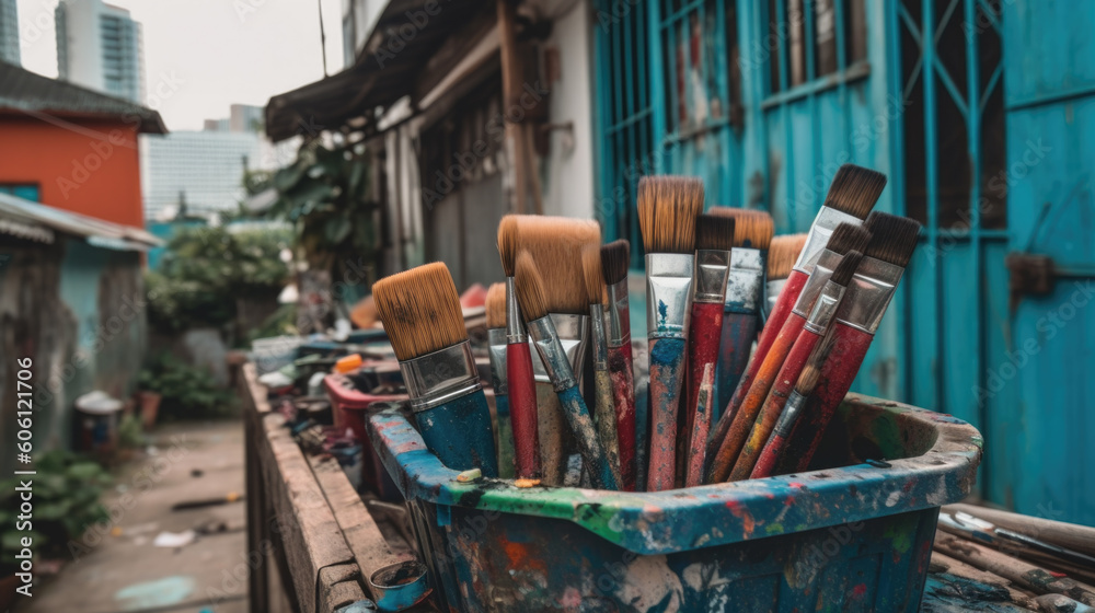 old brushes with dried paint on them. creative painting concept. Generative AI old brushes with dried paint on them. creative painting concept. Generative AI
