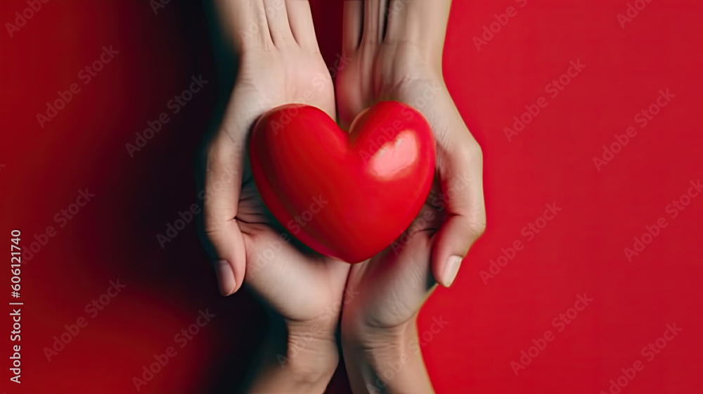 a female person holds a red heart in her hands. love concept. Generative AI a female person holds a red heart in her hands. love concept. Generative AI