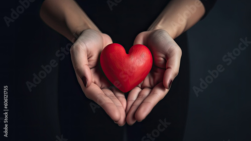 a female person holds a red heart in her hands. love concept. Generative AI