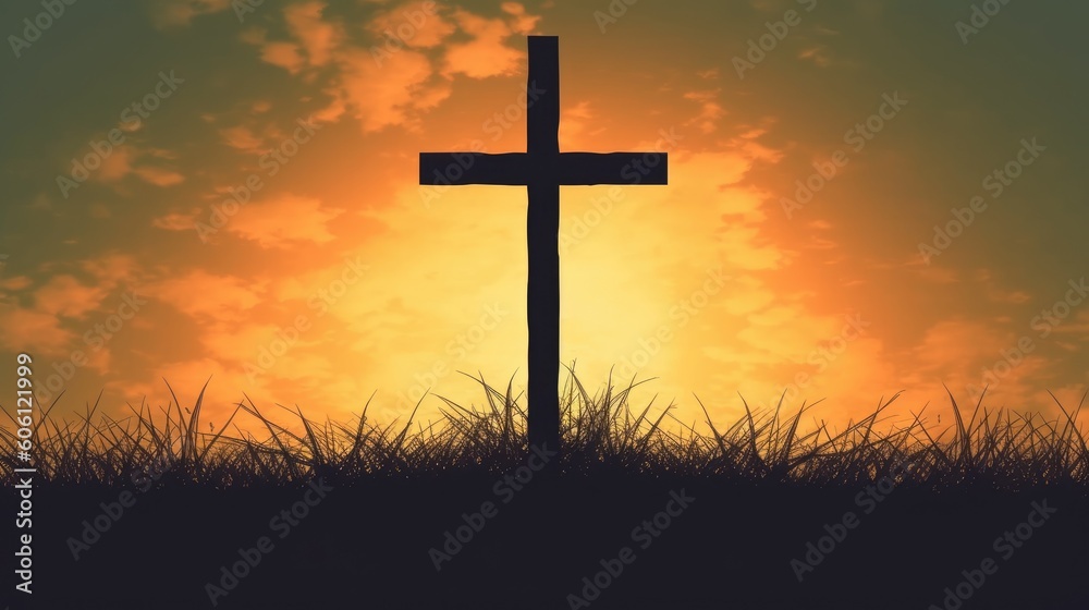 Cross with sunset in the sky background. Generative AI