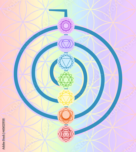 Choku Rei Symbol with seven chakras on colorful background vector illustration