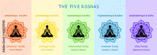 The five koshas colorful infographic banner. Layers or sheaths of human body in yoga philosophy. Vector illustration