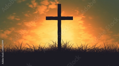 Cross with sunset in the sky background. Generative AI © Viktor