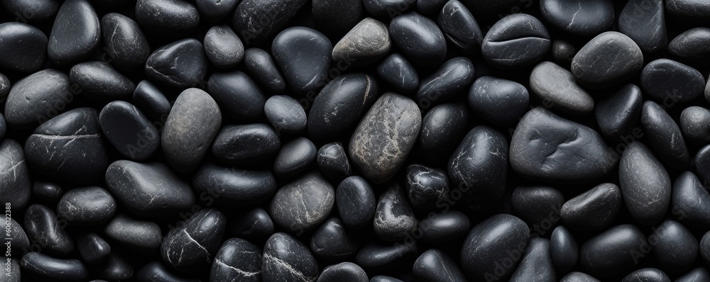 a birds-eye view of Black river stones in a horizontal format for a product backdrop, Abtract-themed, photorealistic illustrations in JPG. Generative AI a birds-eye view of Black river stones in a horizontal format for a product backdrop, Abtract-themed, photorealistic illustrations in JPG. Generative AI