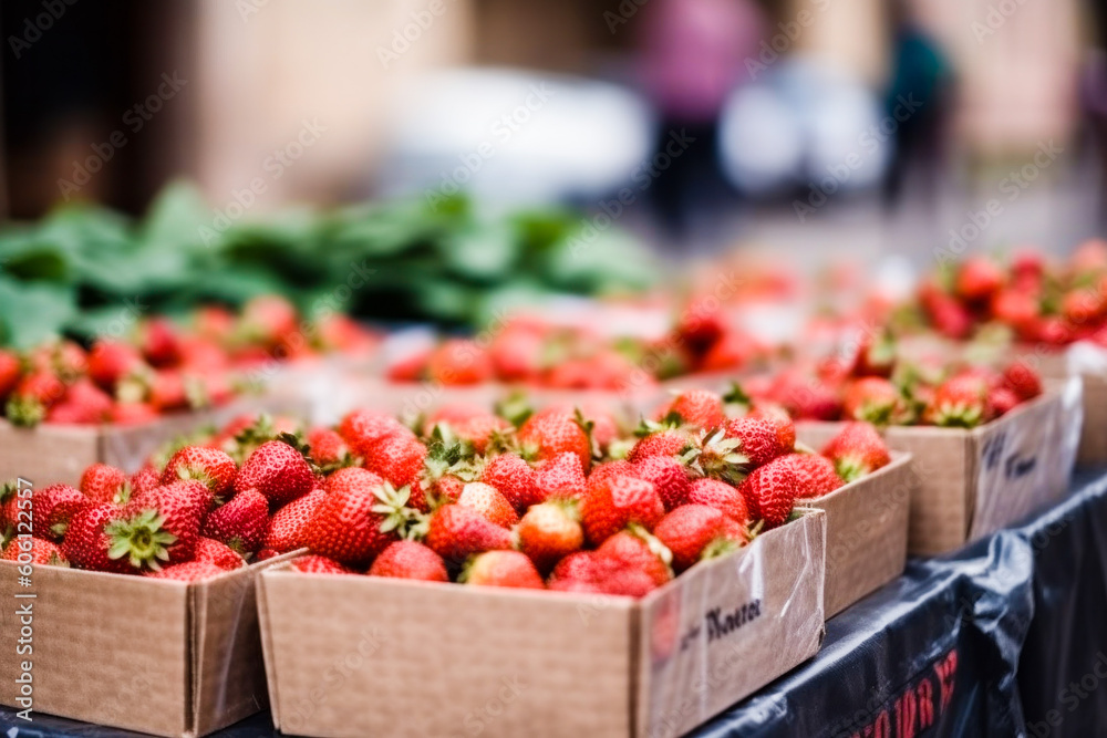 Many fresh red strawberries in wooden baskets after harvest on organic strawberry farm. Strawberries ready for export. Agriculture and ecological fruit farming concept. Generative AI Many fresh red strawberries in wooden baskets after harvest on organic strawberry farm. Strawberries ready for export. Agriculture and ecological fruit farming concept. Generative AI