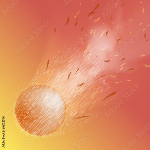 Vector Burning Red Sphere with Particles on Red Yellow Blurred Background.