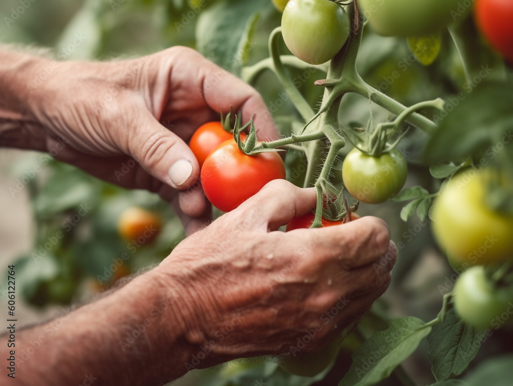 Close up of farmer hands harvesting tomato Close up of farmer hands harvesting tomato