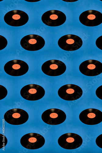 Collage of vinyl records on a blue background
