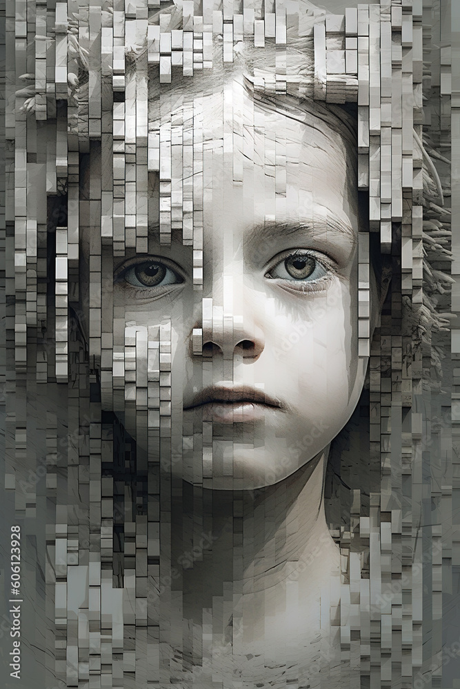 Pixelated child portrait in white and grey tones - generative AI, AI generated Pixelated child portrait in white and grey tones - generative AI, AI generated
