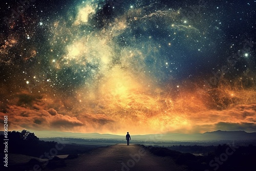 A person is standing on a road with the stars in the sky. photo