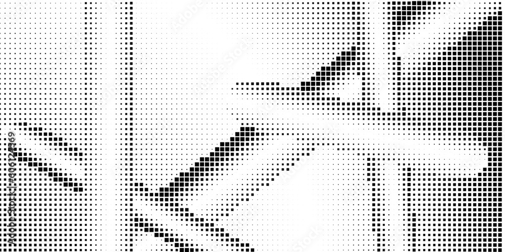 Halftone monochrome pattern with squares. Shades of grey. Minimalism, vector. Black and grey dots on white background. Background for posters, websites, business cards, postcards.