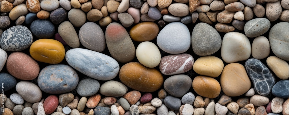 a top view of multi-colored river stones in a  horizontal format, product backdrop, and Abtract-themed,  photorealistic illustrations in JPG. Generative AI