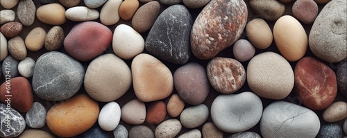 a top view of multi-colored river stones in a horizontal format, product backdrop, and Abtract-themed, photorealistic illustrations in JPG. Generative AI
