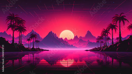 Neon pink synthwave sunset over ocean landscape - Generative AI