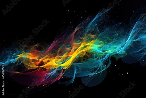 Neural Flow Particle System. Abstract illustration in motion, where particles turn into colorful streams of light representing neural connections. AI