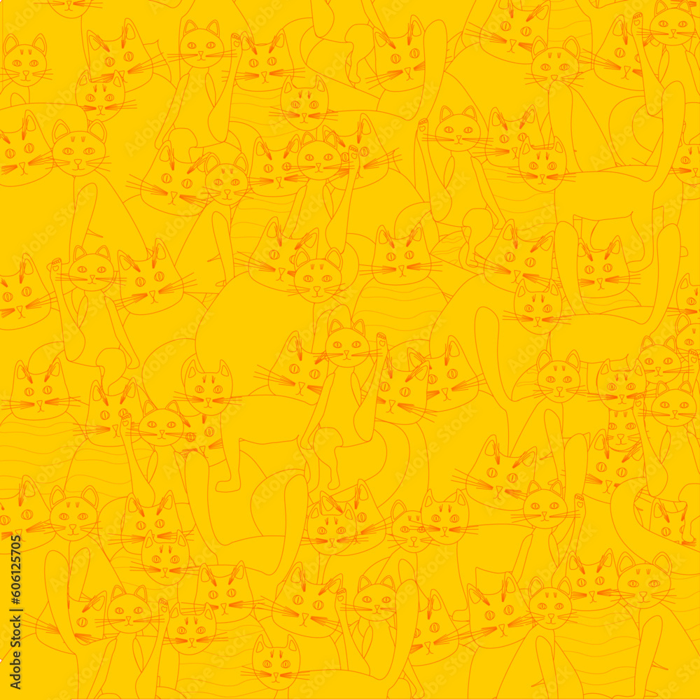 Cat yellow background for pet shop, veterinary clinic, pet store, zoo, shelter. Cartoon cat characters seamless pattern