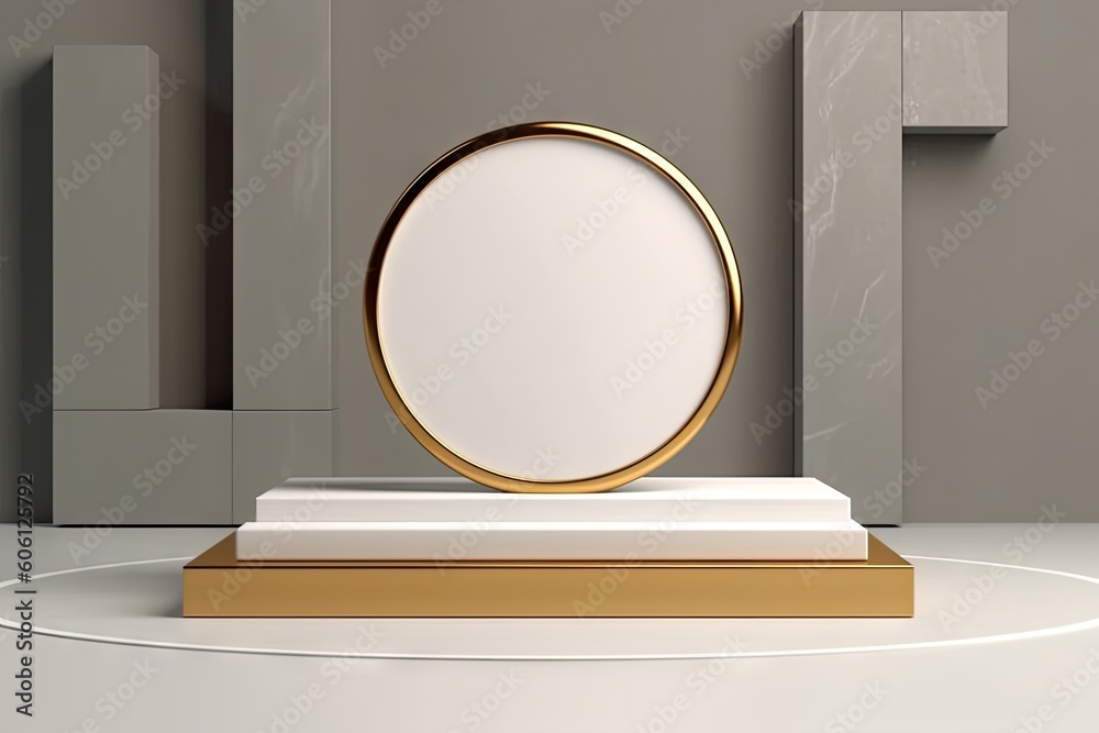 Round podium made of white marble. golden edges. soft shadows Round podium made of white marble. golden edges. soft shadows