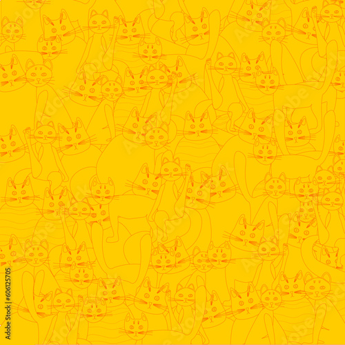 Cat yellow background for pet shop, veterinary clinic, pet store, zoo, shelter. Cartoon cat characters seamless pattern