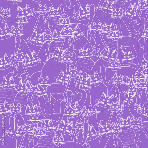 Cat violet background for pet shop, veterinary clinic, pet store, zoo, shelter. Cartoon cat characters seamless pattern