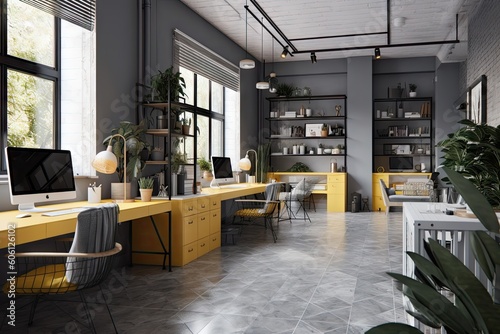 offices and coworking space collaboration white yellow and grey colors generative ai